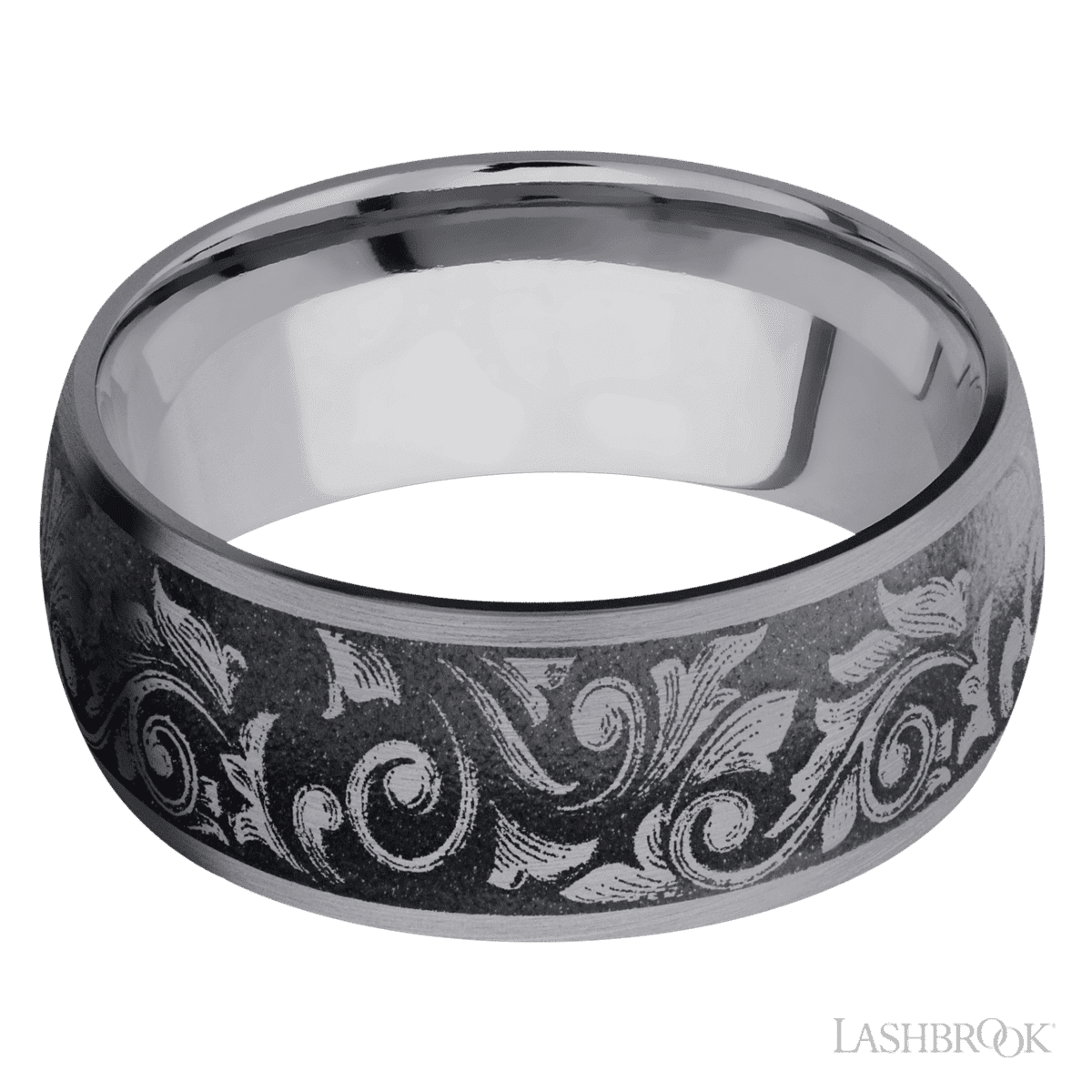 9 mm wide/Domed/Tantalum band with a laser carved Western Scroll pattern