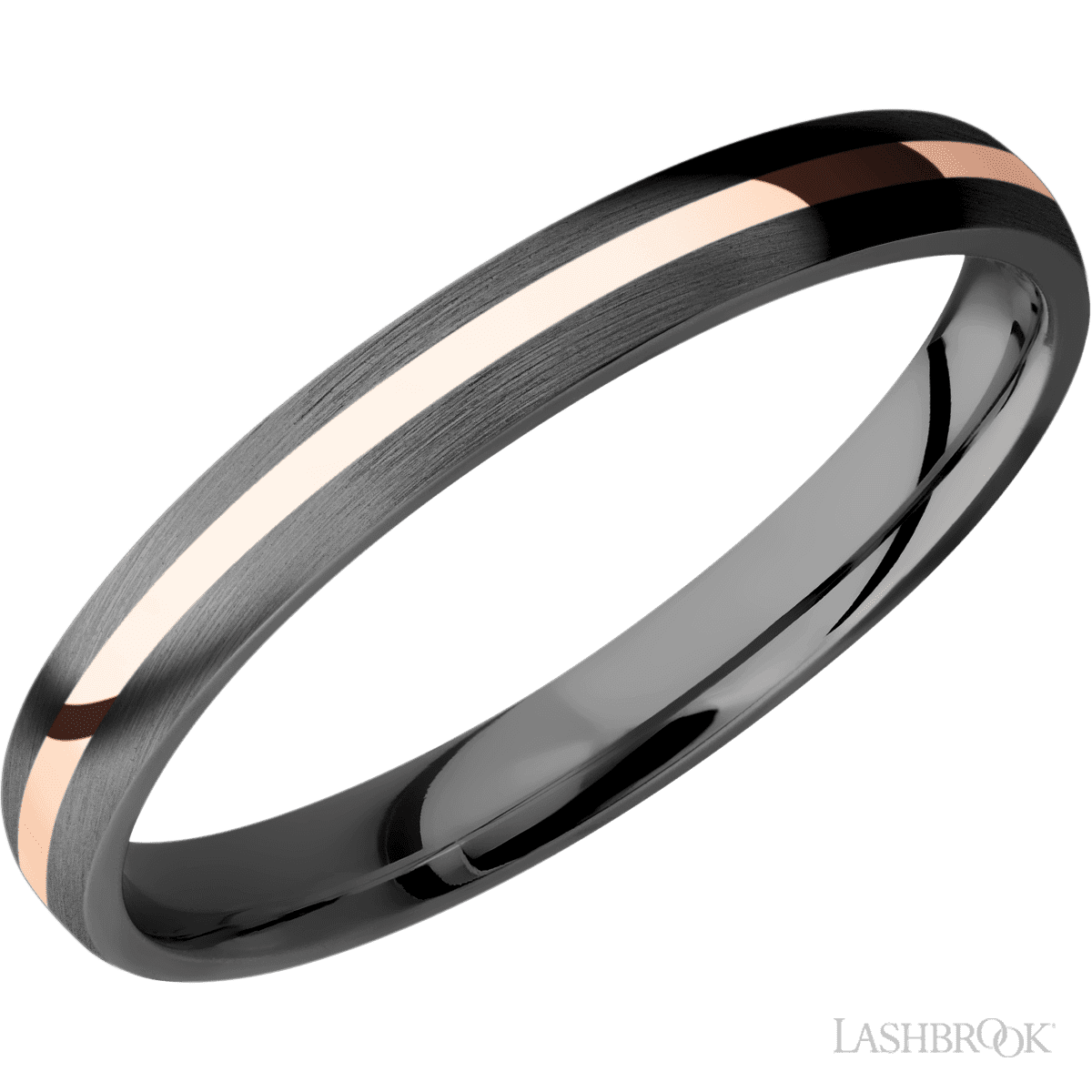 3 mm wide/Domed/Zirconium band with one 1 mm Centered inlay of 14K Rose Gold