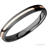 3 mm wide/Domed/Zirconium band with one 1 mm Centered inlay of 14K Rose Gold