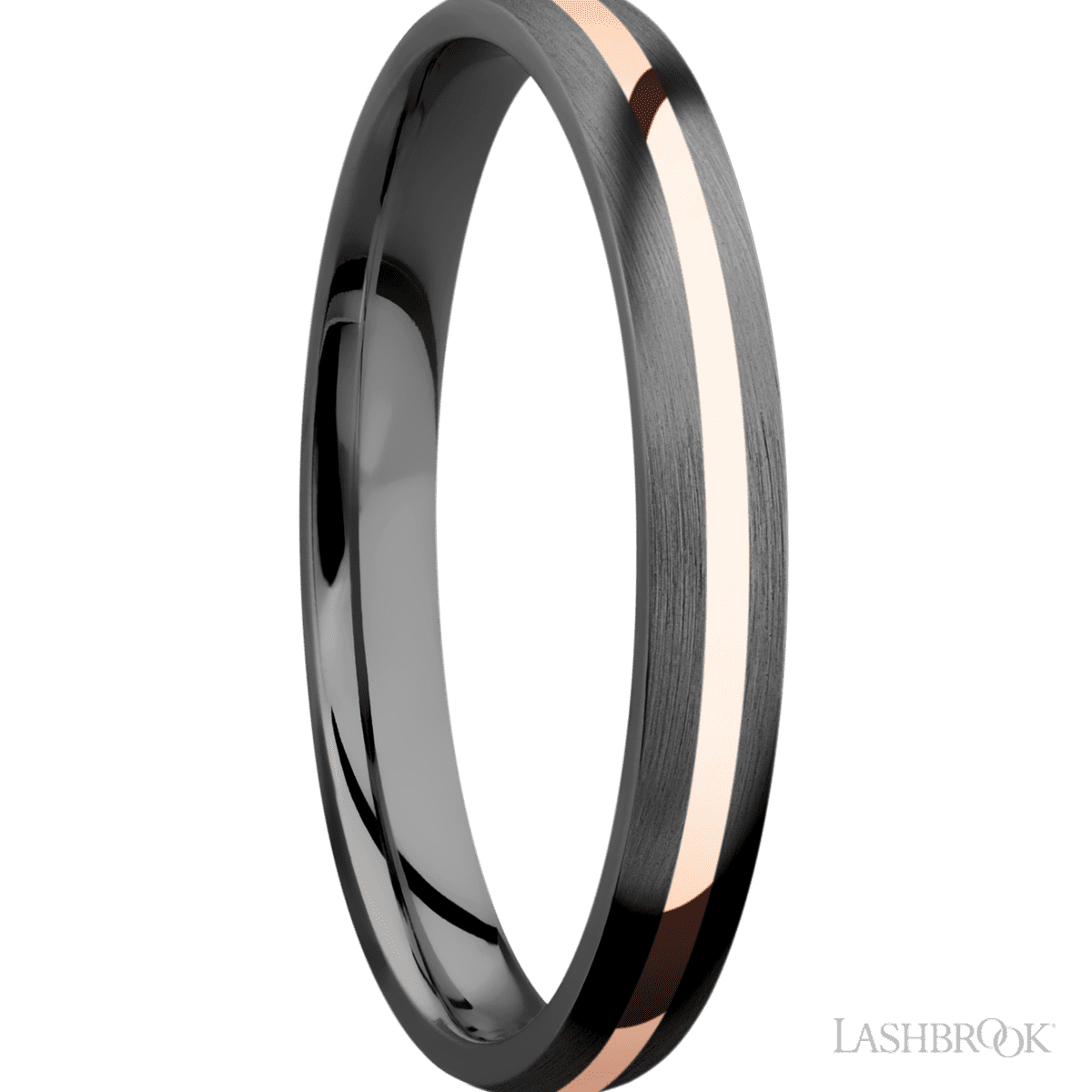 3 mm wide/Domed/Zirconium band with one 1 mm Centered inlay of 14K Rose Gold