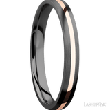 3 mm wide/Domed/Zirconium band with one 1 mm Centered inlay of 14K Rose Gold