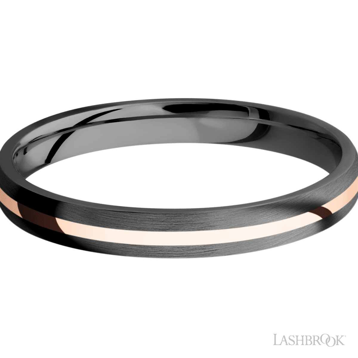 3 mm wide/Domed/Zirconium band with one 1 mm Centered inlay of 14K Rose Gold