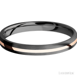 3 mm wide/Domed/Zirconium band with one 1 mm Centered inlay of 14K Rose Gold