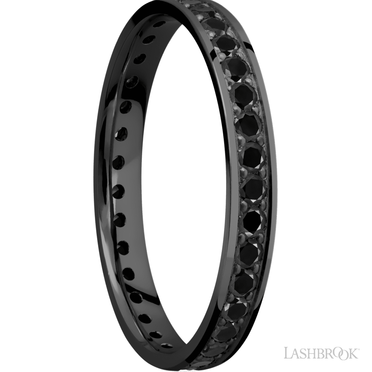 3 mm wide/Flat/Zirconium band with an Eternity arrangement of 03 carat Round Black Diamond stones in a Bead setting