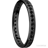 3 mm wide/Flat/Zirconium band with an Eternity arrangement of 03 carat Round Black Diamond stones in a Bead setting
