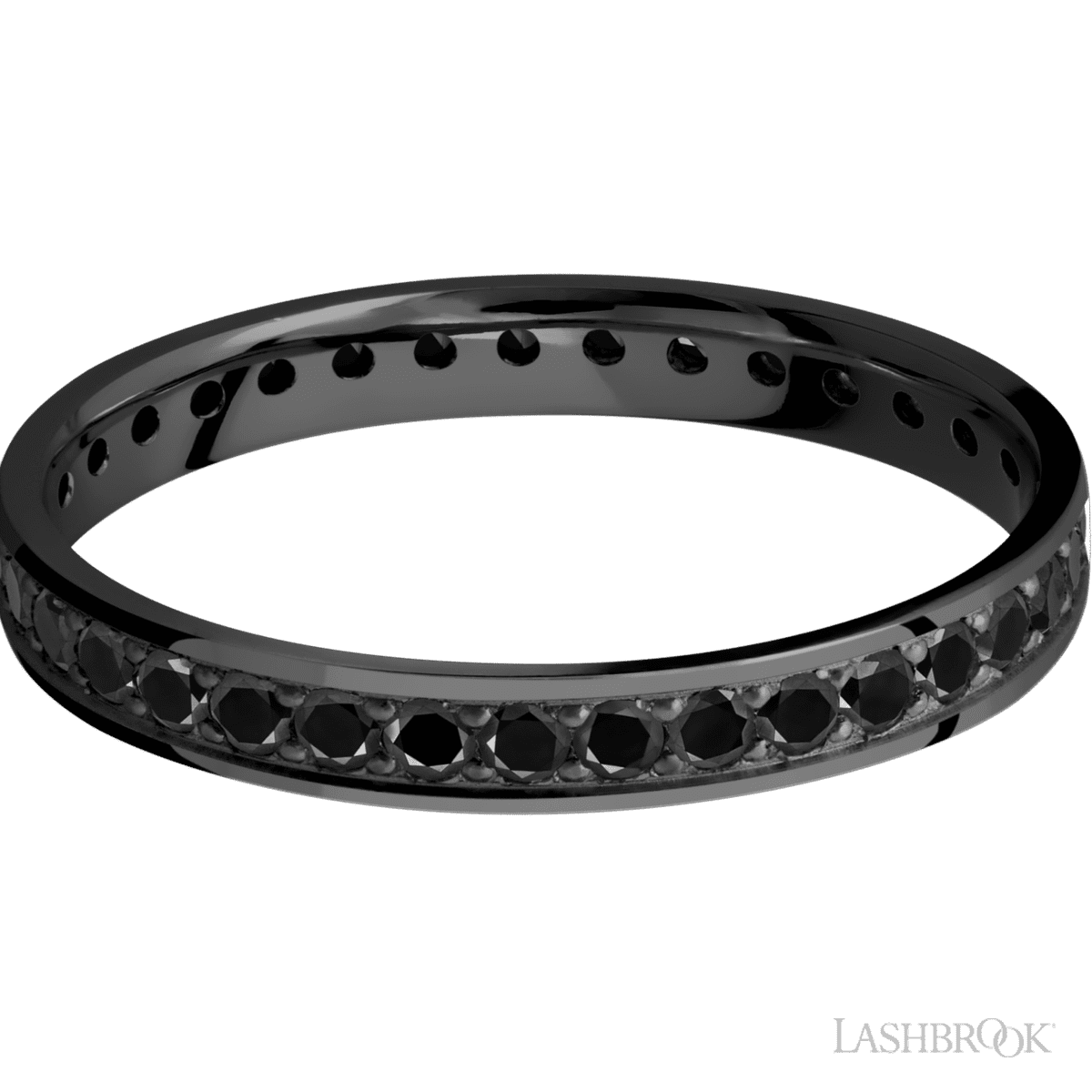 3 mm wide/Flat/Zirconium band with an Eternity arrangement of 03 carat Round Black Diamond stones in a Bead setting