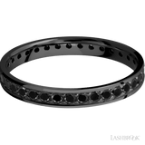 3 mm wide/Flat/Zirconium band with an Eternity arrangement of 03 carat Round Black Diamond stones in a Bead setting