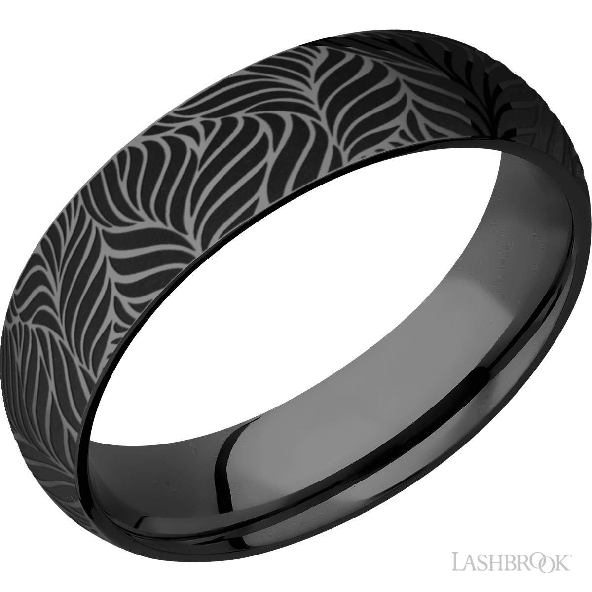 6 mm wide/Domed/Zirconium band with a laser carved Twisted Leaf pattern
