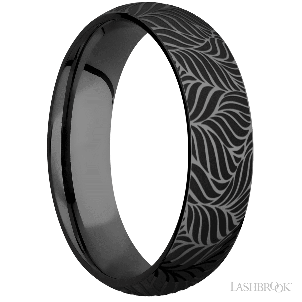 6 mm wide/Domed/Zirconium band with a laser carved Twisted Leaf pattern