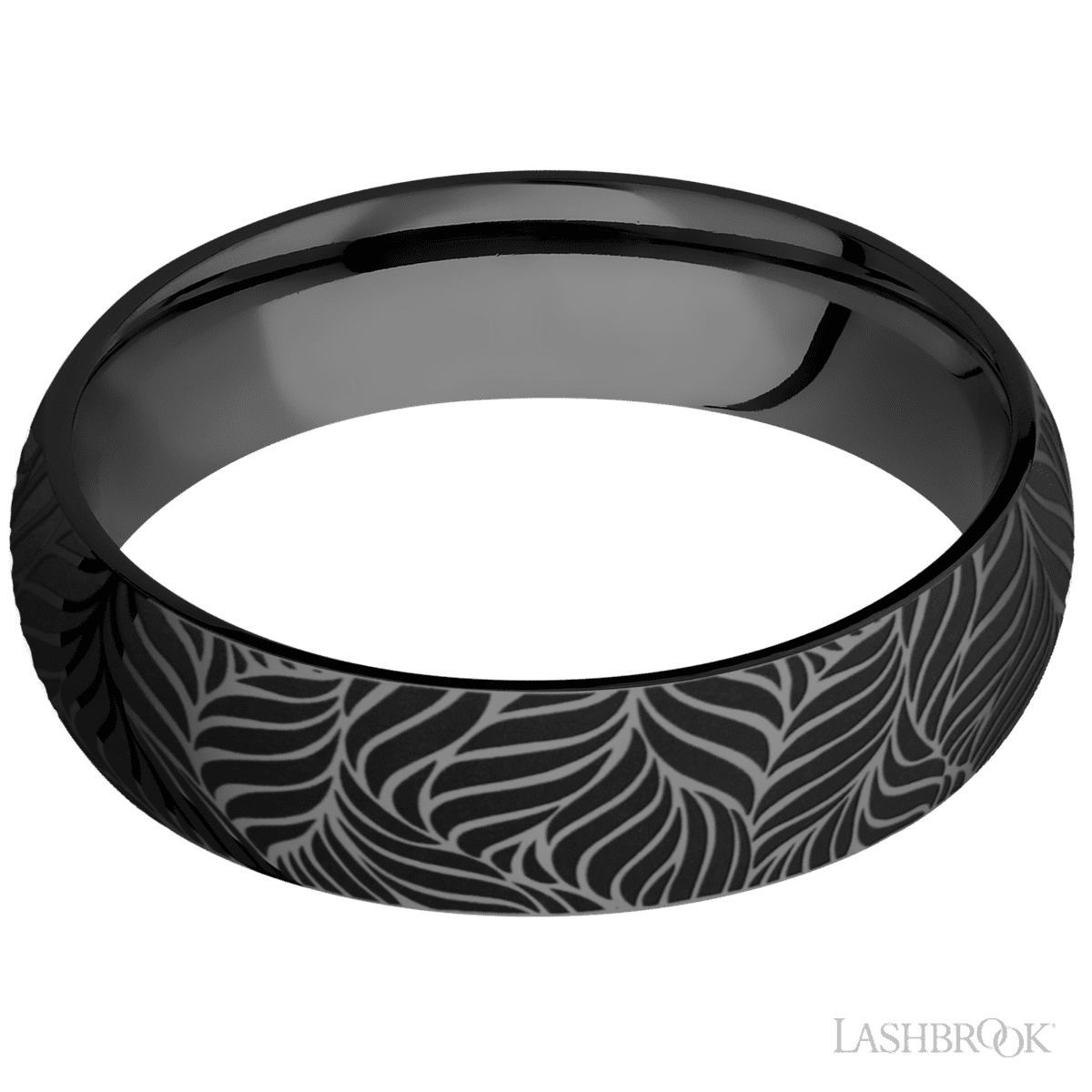 6 mm wide/Domed/Zirconium band with a laser carved Twisted Leaf pattern
