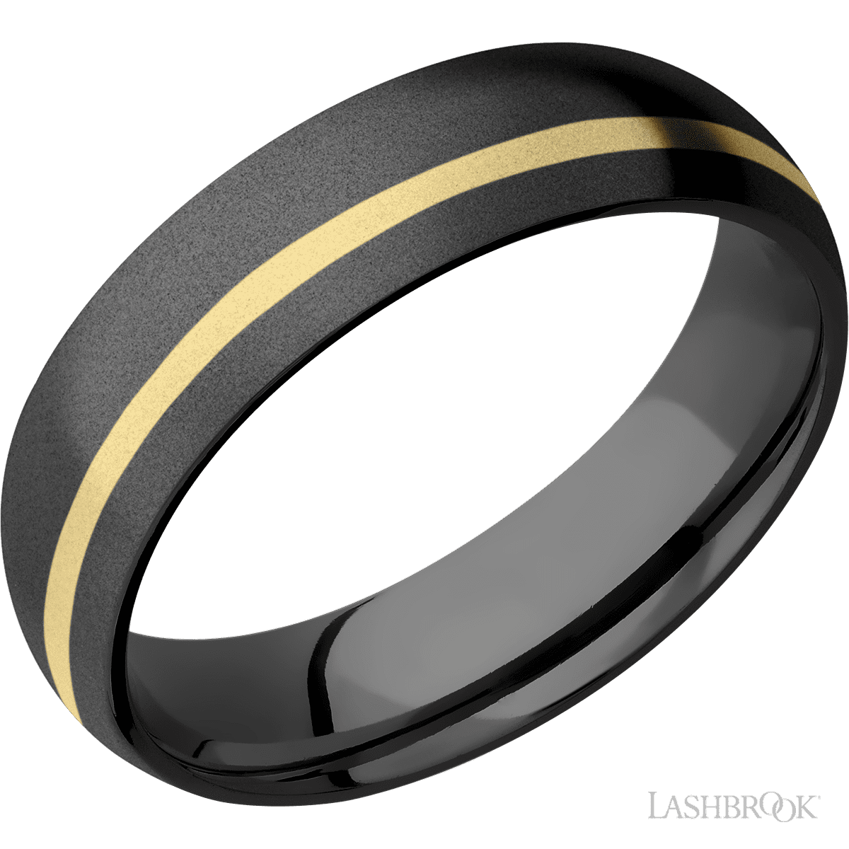 6 mm wide/Domed/Zirconium band with one 1 mm Off Center inlay of 14K Yellow Gold