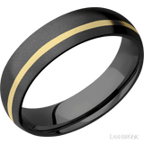 6 mm wide/Domed/Zirconium band with one 1 mm Off Center inlay of 14K Yellow Gold