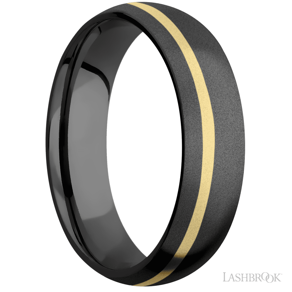 6 mm wide/Domed/Zirconium band with one 1 mm Off Center inlay of 14K Yellow Gold