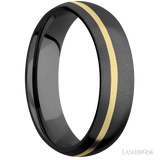 6 mm wide/Domed/Zirconium band with one 1 mm Off Center inlay of 14K Yellow Gold