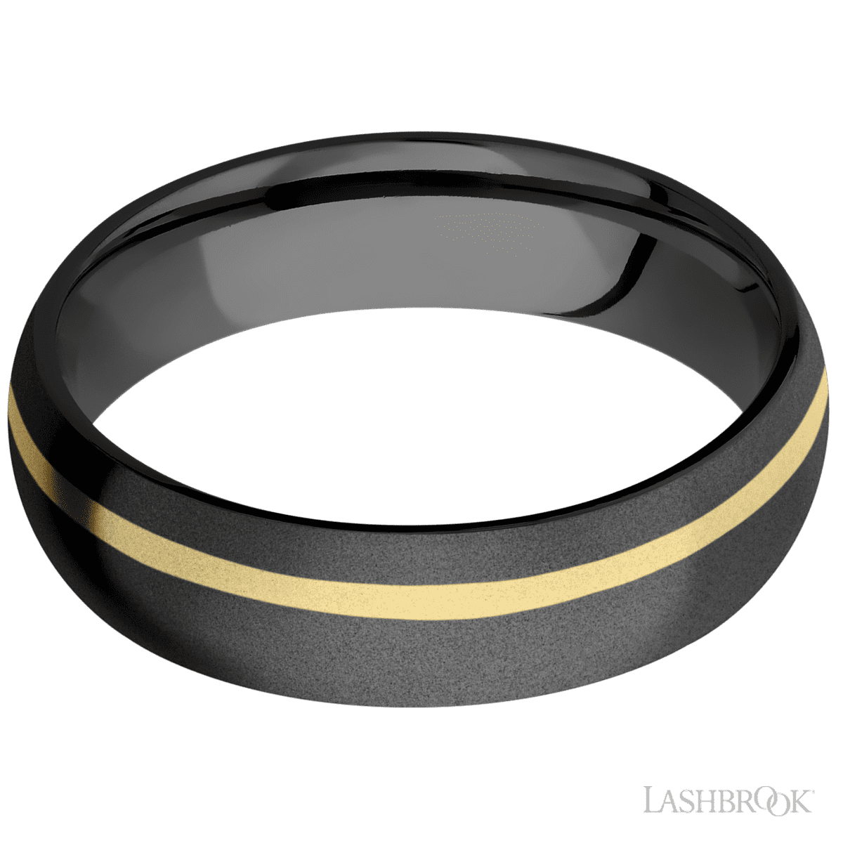 6 mm wide/Domed/Zirconium band with one 1 mm Off Center inlay of 14K Yellow Gold