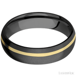 6 mm wide/Domed/Zirconium band with one 1 mm Off Center inlay of 14K Yellow Gold