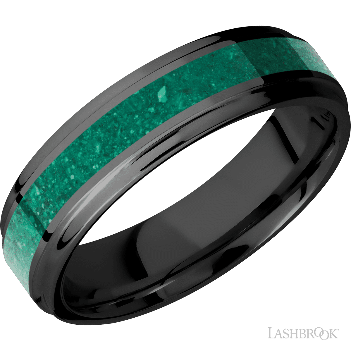 6 mm wide/Flat Grooved Edges/Zirconium band with one 3 mm Centered inlay of Malachite