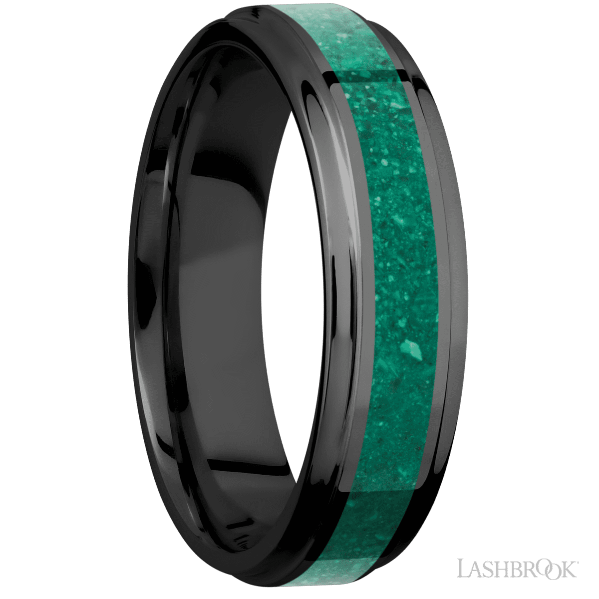 6 mm wide/Flat Grooved Edges/Zirconium band with one 3 mm Centered inlay of Malachite