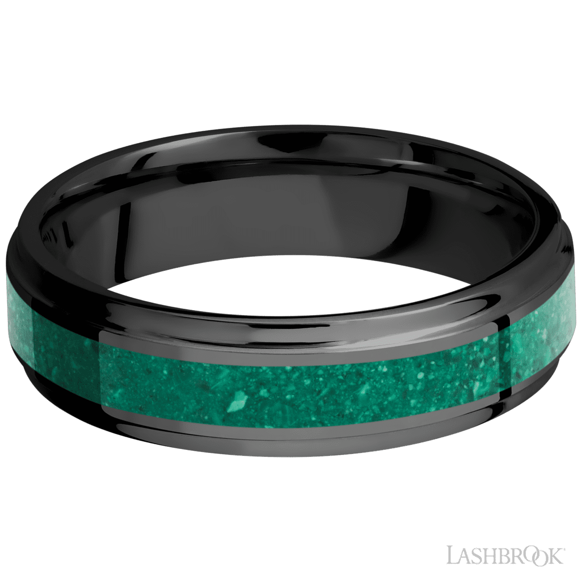 6 mm wide/Flat Grooved Edges/Zirconium band with one 3 mm Centered inlay of Malachite
