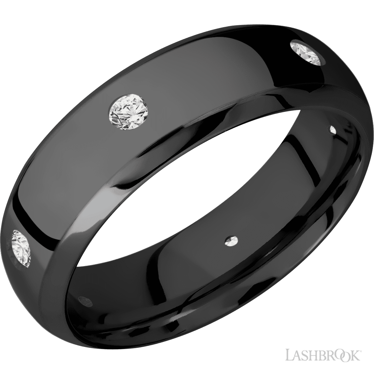 7 mm wide/Domed Bevel/Zirconium band with a 6X Even arrangement of 07 carat Round Diamond stones in a Flush setting
