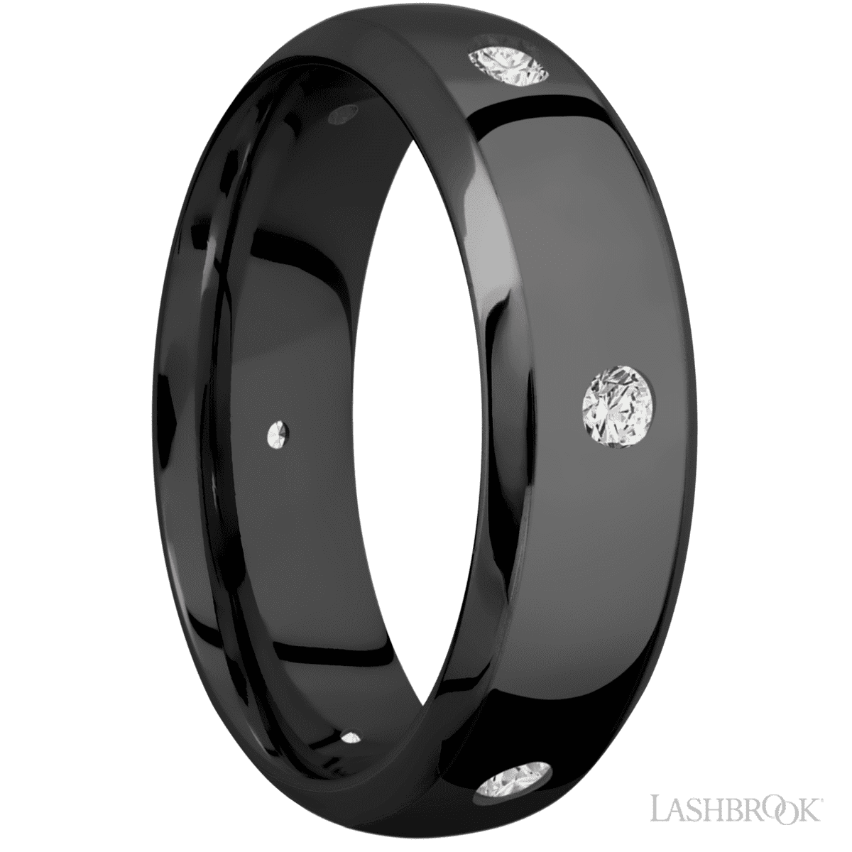 7 mm wide/Domed Bevel/Zirconium band with a 6X Even arrangement of 07 carat Round Diamond stones in a Flush setting