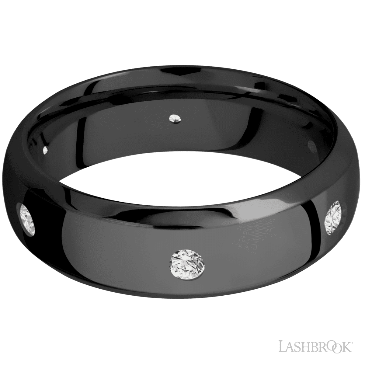 7 mm wide/Domed Bevel/Zirconium band with a 6X Even arrangement of 07 carat Round Diamond stones in a Flush setting