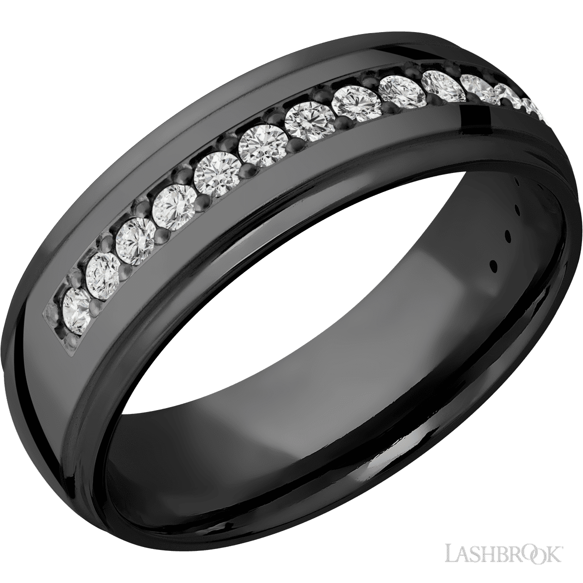 7 mm wide/Domed Stepped Down Edges/Zirconium band with a Half Eternity arrangement of 03 carat Round Diamond stones in a Bead setting