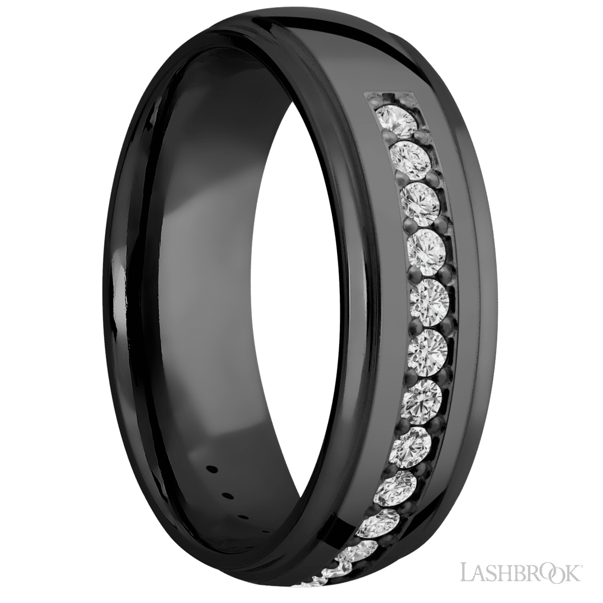 7 mm wide/Domed Stepped Down Edges/Zirconium band with a Half Eternity arrangement of 03 carat Round Diamond stones in a Bead setting
