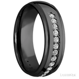7 mm wide/Domed Stepped Down Edges/Zirconium band with a Half Eternity arrangement of 03 carat Round Diamond stones in a Bead setting