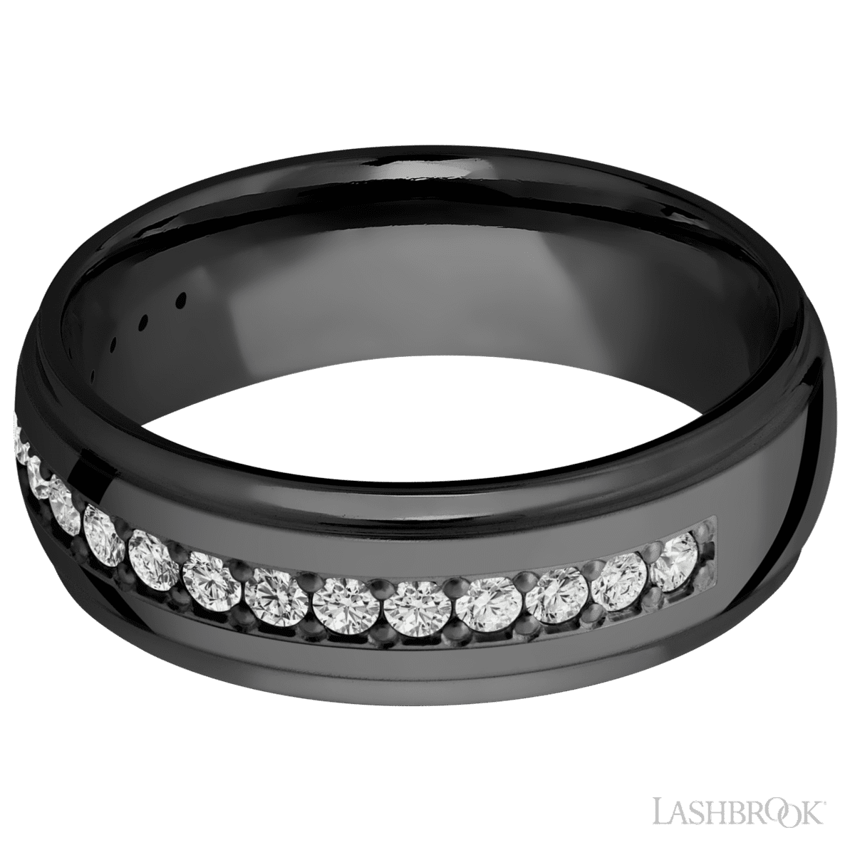 7 mm wide/Domed Stepped Down Edges/Zirconium band with a Half Eternity arrangement of 03 carat Round Diamond stones in a Bead setting