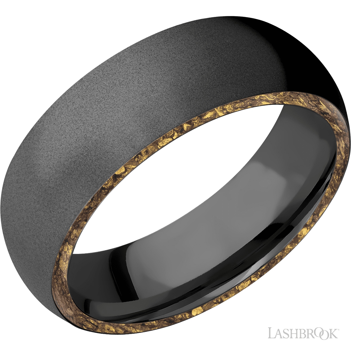 7 mm wide/Domed/Zirconium band with two 1 mm Side inlays of Alaskan Gold Nugget