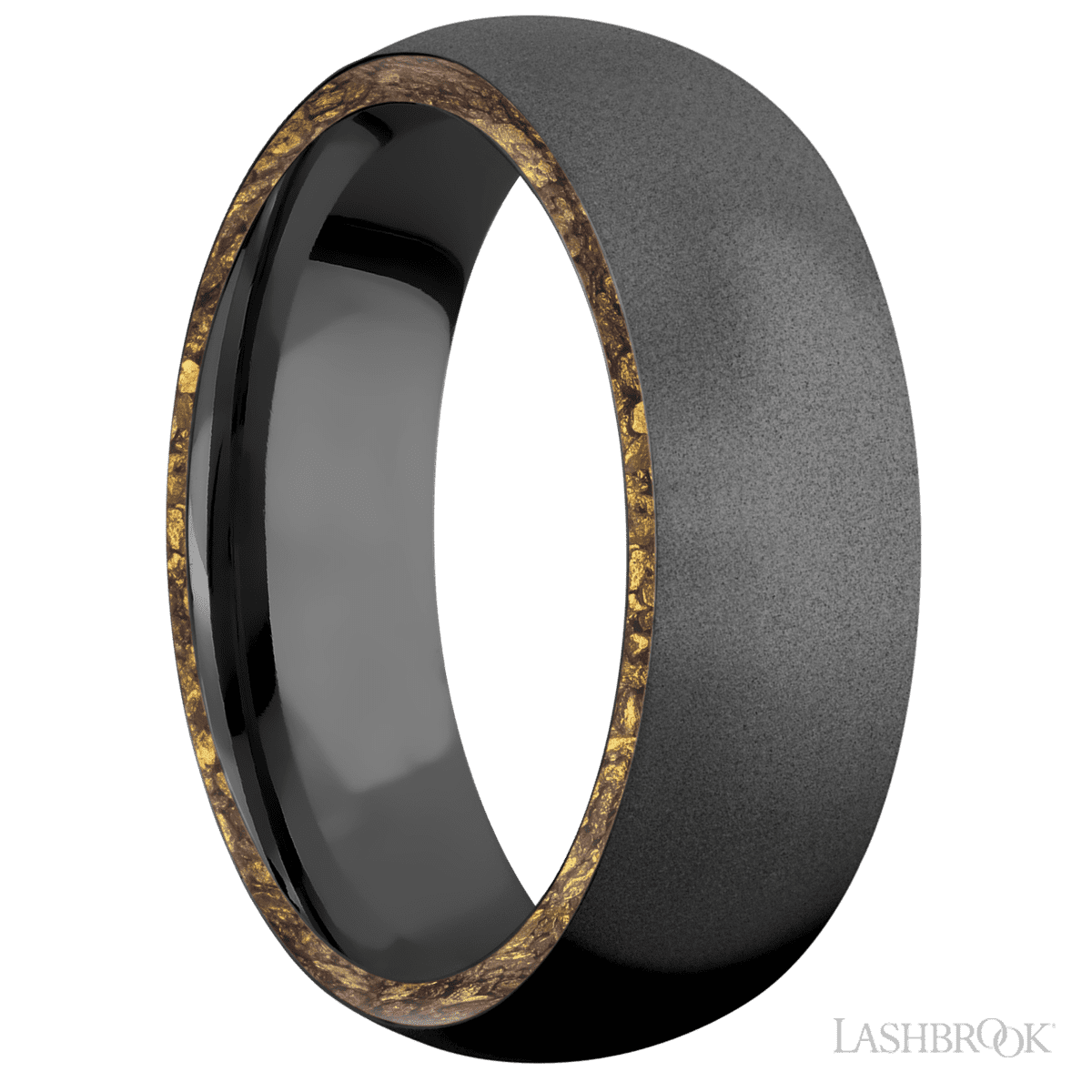 7 mm wide/Domed/Zirconium band with two 1 mm Side inlays of Alaskan Gold Nugget