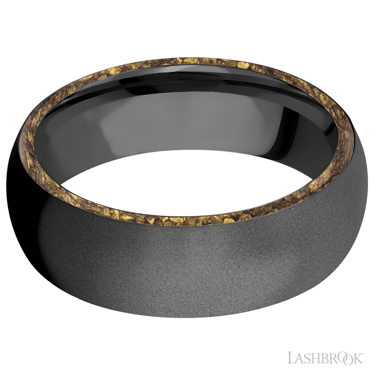 7 mm wide/Domed/Zirconium band with two 1 mm Side inlays of Alaskan Gold Nugget
