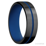 7 mm wide/Flat/Zirconium band with one 1 mm Centered inlay of Royal Blue also featuring a Royal Blue sleeve