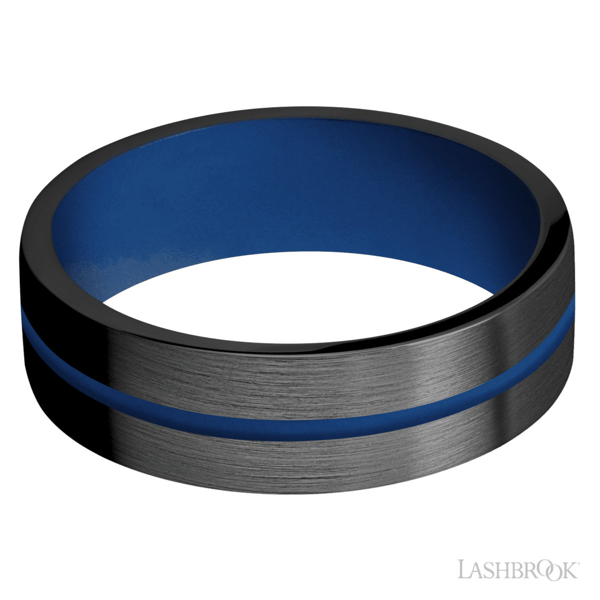7 mm wide/Flat/Zirconium band with one 1 mm Centered inlay of Royal Blue also featuring a Royal Blue sleeve