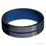 7 mm wide/Flat/Zirconium band with one 1 mm Centered inlay of Royal Blue also featuring a Royal Blue sleeve