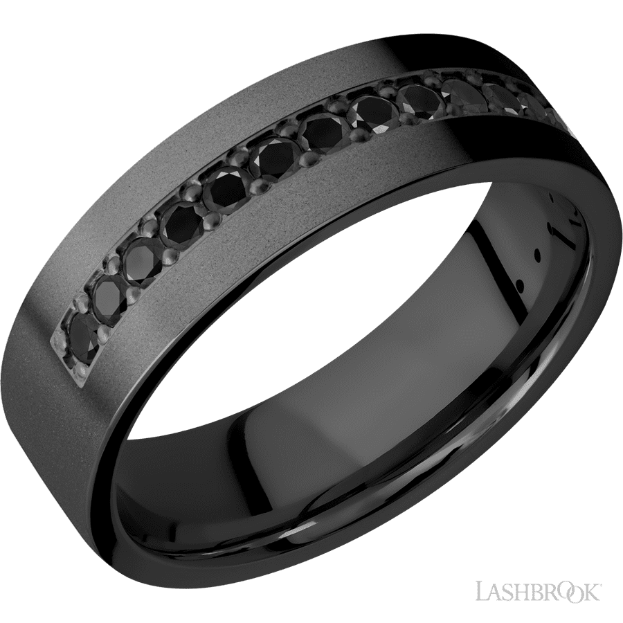 7 mm wide/Flat/Zirconium band with a Half Eternity arrangement of 03 carat Round Black Diamond stones in a Bead setting