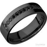 7 mm wide/Flat/Zirconium band with a Half Eternity arrangement of 03 carat Round Black Diamond stones in a Bead setting