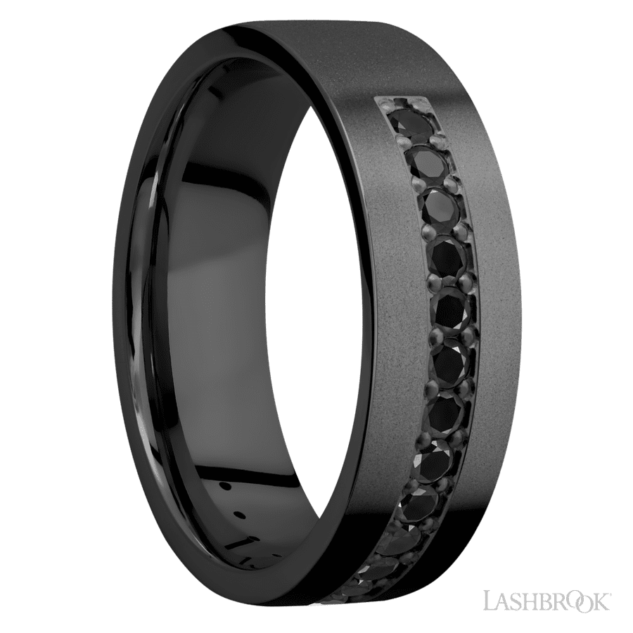 7 mm wide/Flat/Zirconium band with a Half Eternity arrangement of 03 carat Round Black Diamond stones in a Bead setting