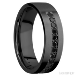 7 mm wide/Flat/Zirconium band with a Half Eternity arrangement of 03 carat Round Black Diamond stones in a Bead setting