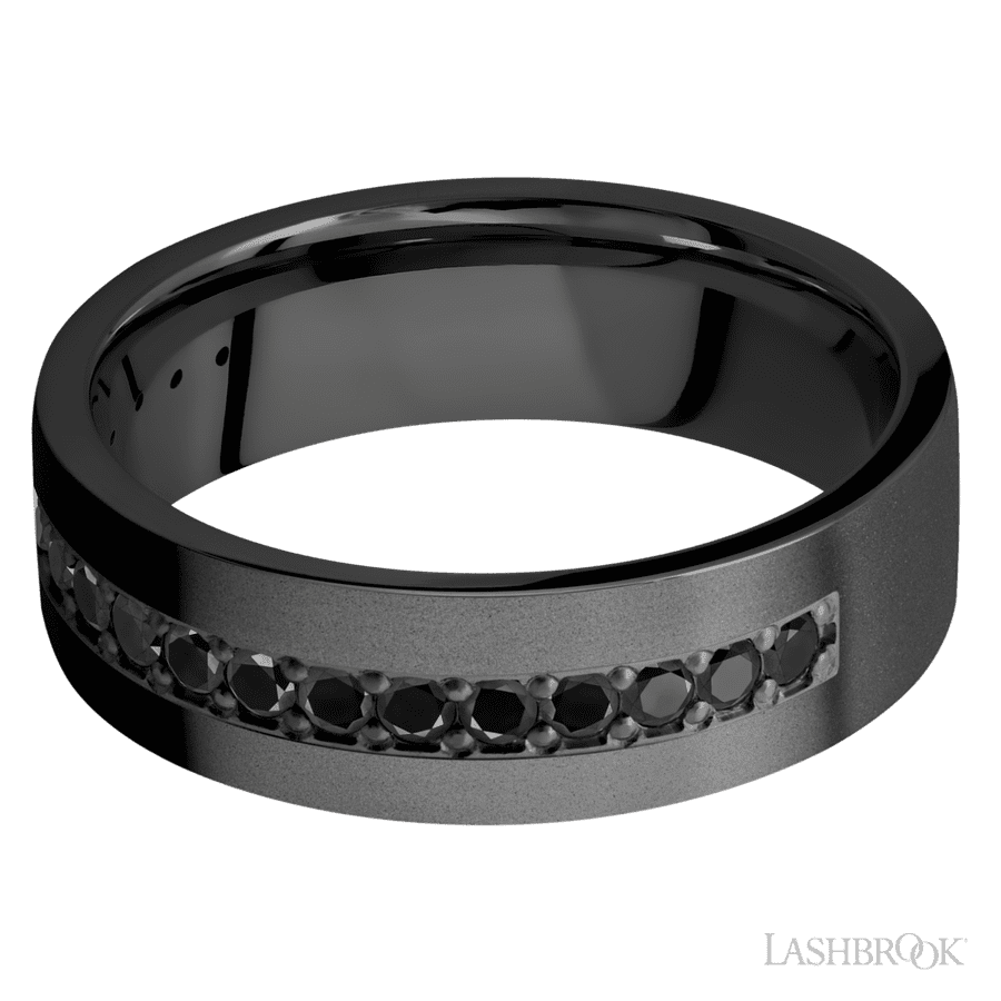 7 mm wide/Flat/Zirconium band with a Half Eternity arrangement of 03 carat Round Black Diamond stones in a Bead setting