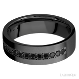 7 mm wide/Flat/Zirconium band with a Half Eternity arrangement of 03 carat Round Black Diamond stones in a Bead setting