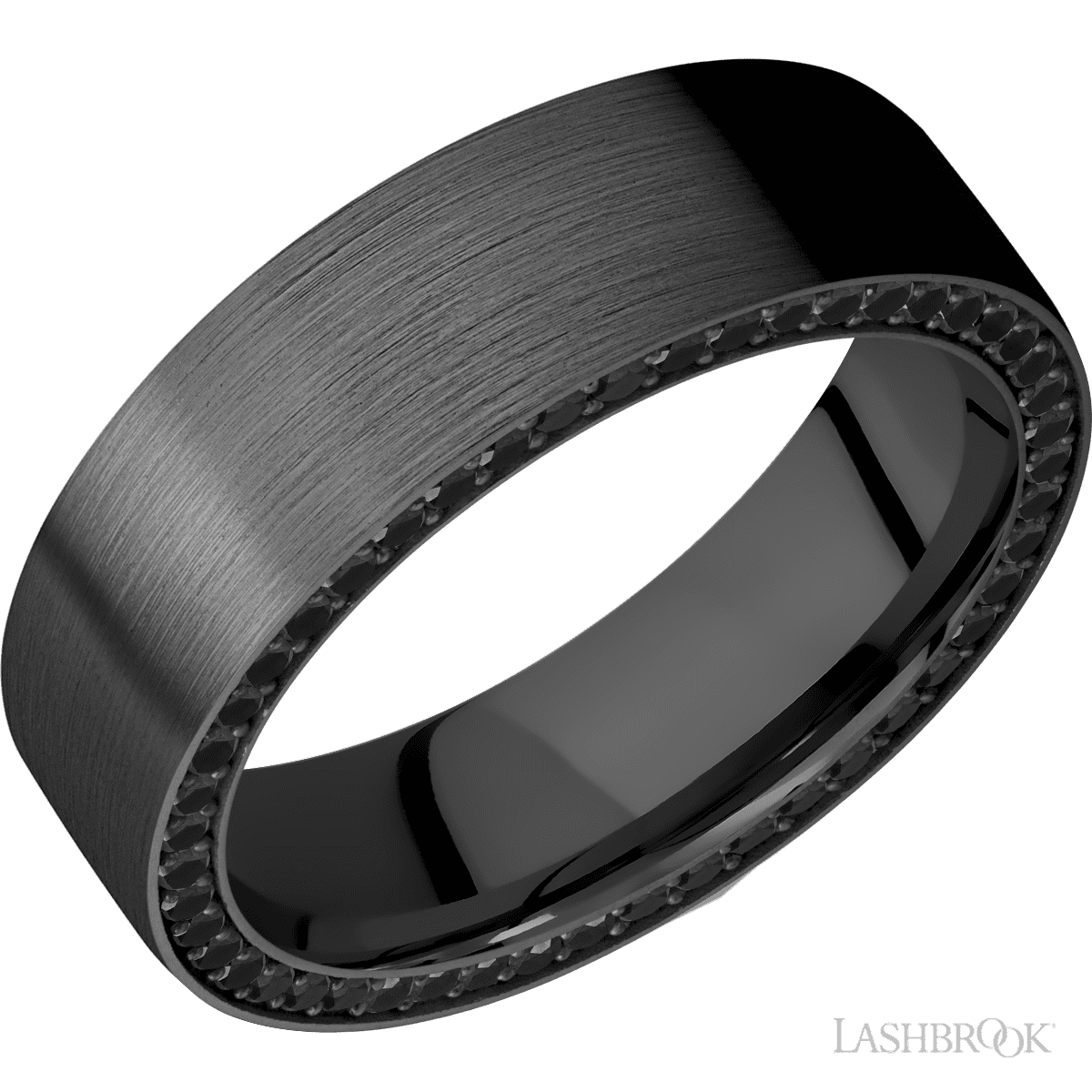 7 mm wide/Flat/Zirconium band with a Side Eternity arrangement of Round Black Diamond stones in a Bead setting