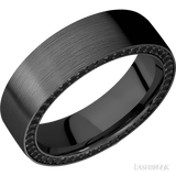 7 mm wide/Flat/Zirconium band with a Side Eternity arrangement of Round Black Diamond stones in a Bead setting
