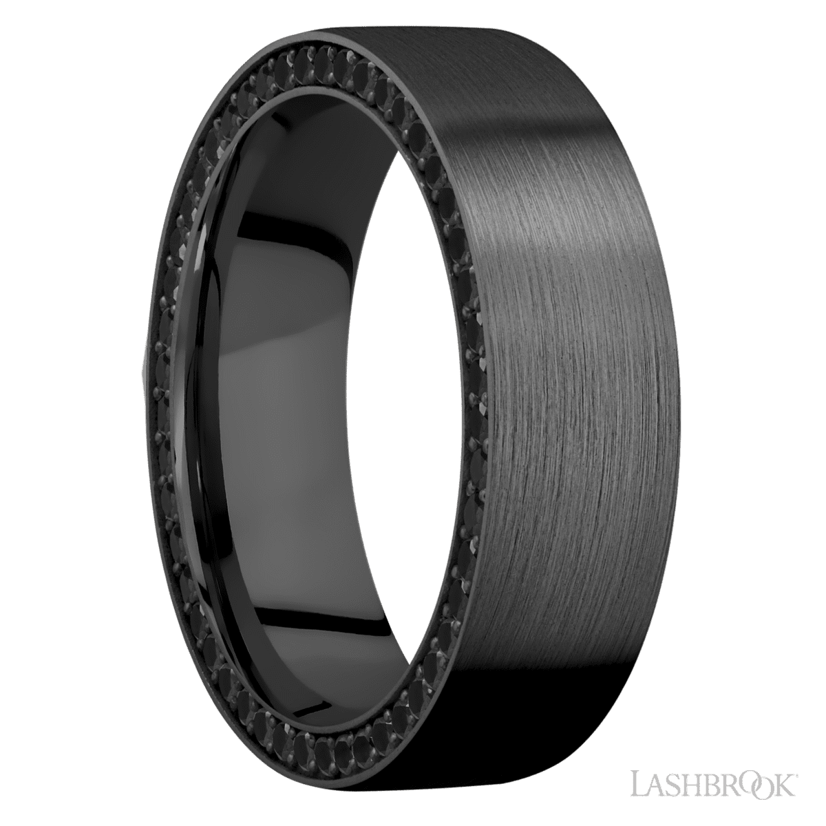 7 mm wide/Flat/Zirconium band with a Side Eternity arrangement of Round Black Diamond stones in a Bead setting