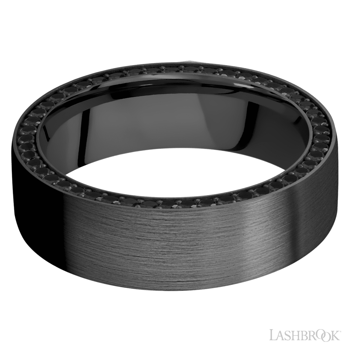 7 mm wide/Flat/Zirconium band with a Side Eternity arrangement of Round Black Diamond stones in a Bead setting