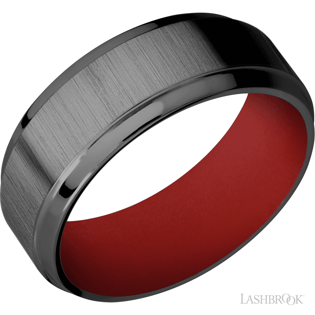 8 mm wide Stepped Bevel Zirconium band featuring a USMC Red sleeve