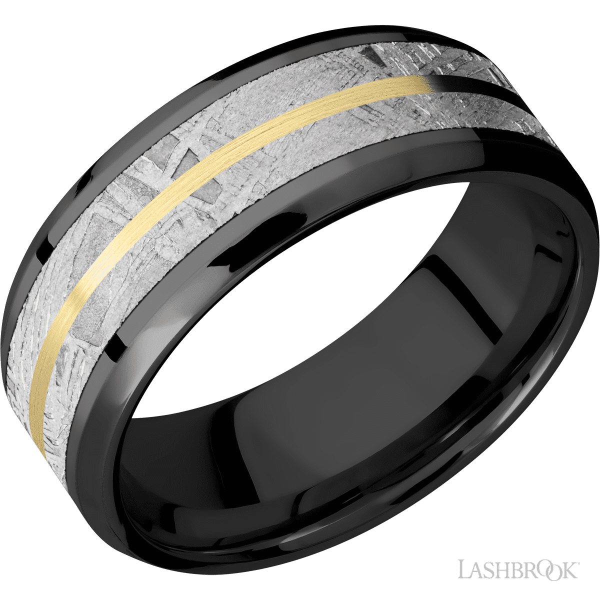 8 mm wide/Beveled/Zirconium band featuring inlays of Meteorite and 14K Yellow Gold