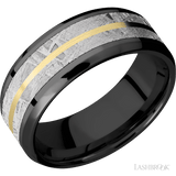 8 mm wide/Beveled/Zirconium band featuring inlays of Meteorite and 14K Yellow Gold