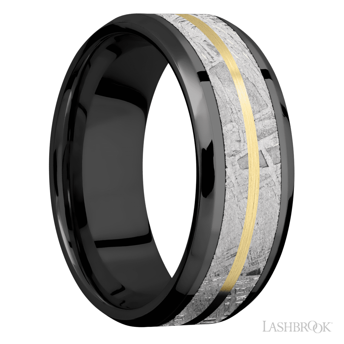 8 mm wide/Beveled/Zirconium band featuring inlays of Meteorite and 14K Yellow Gold